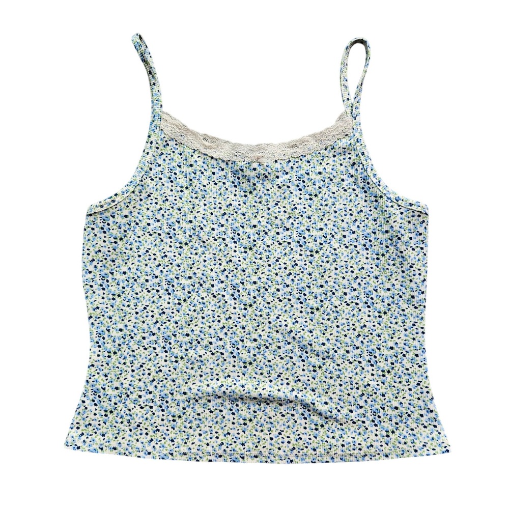 Just Polly XL Blue Floral Ribbed Lace Trim Cami Spaghetti Strap Tank Top JK15804